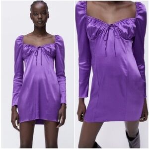 ZARA Women's Large Lilac Purple Gathered Ruched Satin Effect Mini Dress